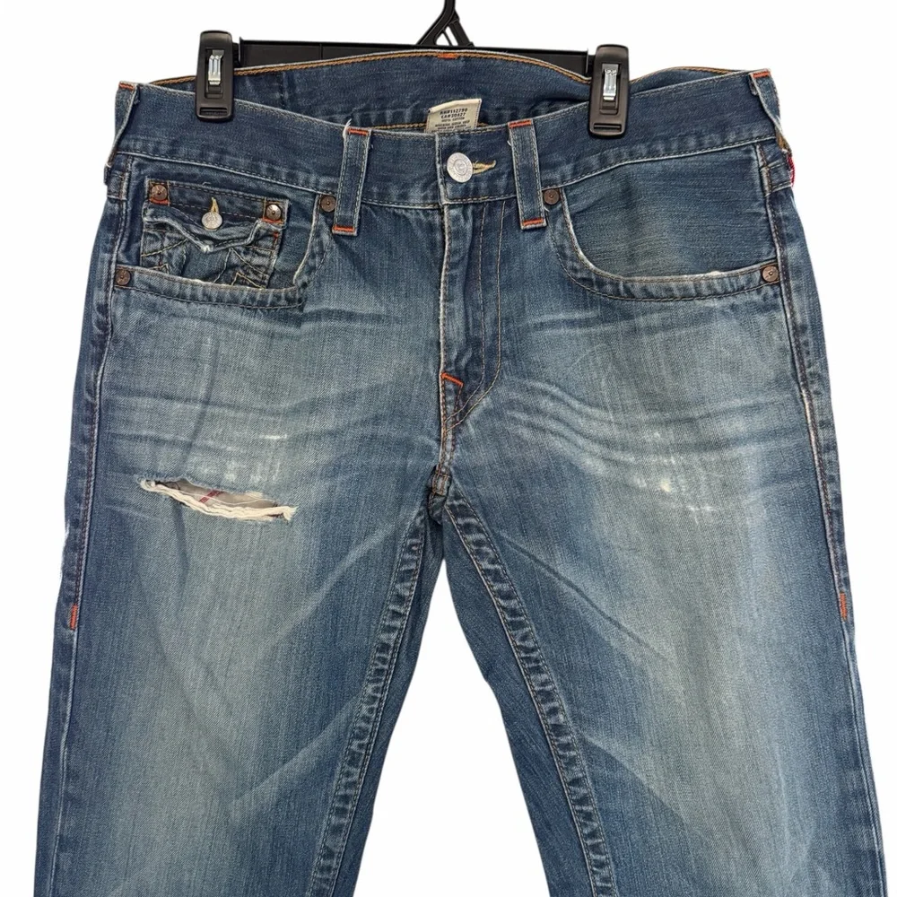 True Religion Jeans Mens 34 Blue Ricky Straight Leg Distressed Denim Inseam 33”